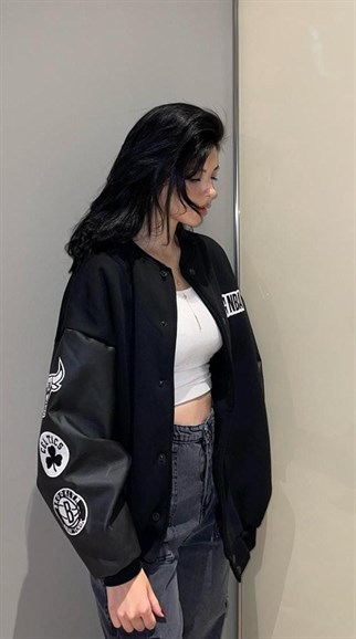 Deri Kol Detay Baskılı Unisex Oversize Kolej Ceket