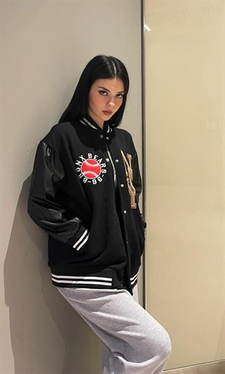 Deri Kol Detay Siyah Nakış İşleme Unisex Kolej Ceket 