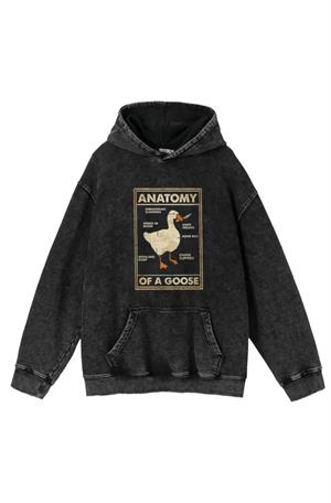 Duck Anatomy Baskılı Yıkamalı Vintage Unisex Oversize Kapüşonlu Sweatshirt