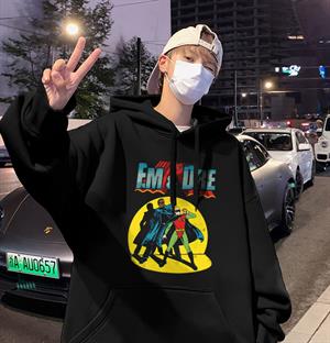 Em & Dre Baskılı Siyah Unisex Oversize Kapüşonlu Sweatshirt