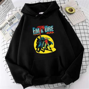 Em & Dre Baskılı Siyah Unisex Oversize Kapüşonlu Sweatshirt