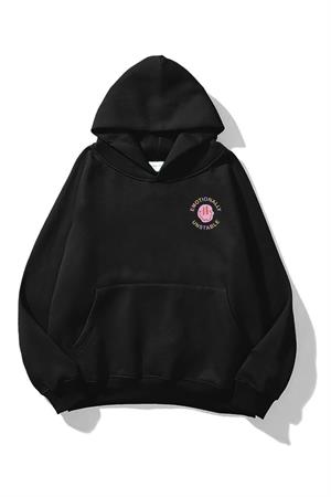 Emotionally Baskılı Siyah Kapşonlu Sweatshirt 