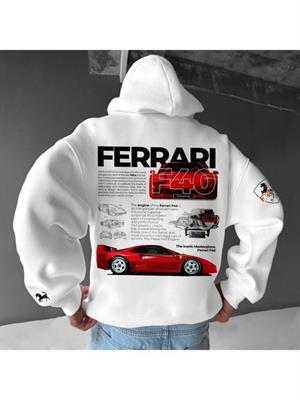 Ferrari Baskılı Beyaz Kapşonlu Sweatshirt 