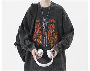 Flaming Skeleton Baskılı Yıkamalı Vintage Unisex Oversize Bisiklet Yaka Sweatshirt