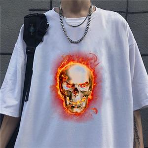 Flaming Skull Baskılı Beyaz Unisex Oversize T-shirt