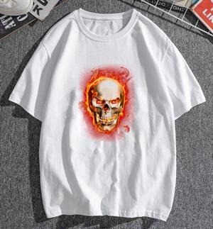 Flaming Skull Baskılı Beyaz Unisex Oversize T-shirt