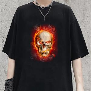 Flaming Skull Baskılı Siyah Unisex Oversize T-shirt