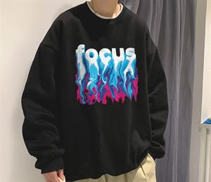 Focus Baskılı Siyah Unisex Oversize Bisiklet Yaka Sweatshirt