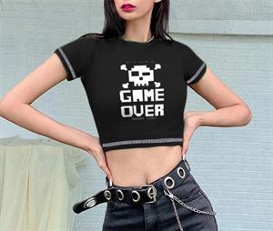 Game Over Baskılı Ters Dikiş Siyah Crop