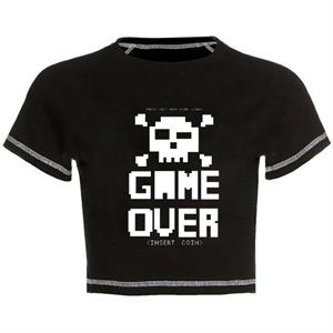 Game Over Baskılı Ters Dikiş Siyah Crop
