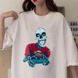 Gamer Skull Baskılı Beyaz Unisex Oversize T-shirt