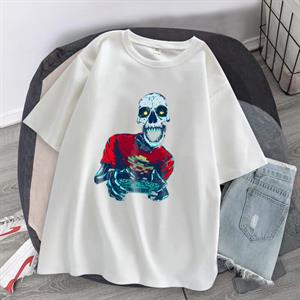 Gamer Skull Baskılı Beyaz Unisex Oversize T-shirt