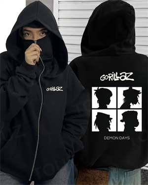 Gorillaz Baskılı 3 İplik ( Kalın )  Şardonlu ( İçi Pamuklu )  Unisex Kar Maskeli Kapüşonlu Oversize Ninja Hırka