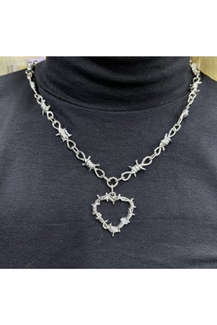 Gothic Harajuku Barbed Wire Heart Dikenli Tel Unisex Kolye