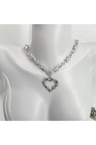 Gothic Harajuku Barbed Wire Heart Dikenli Tel Unisex Kolye