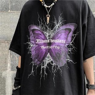 Gothic Harajuku Butterfly Siyah Oversize Unisex T-Shirt