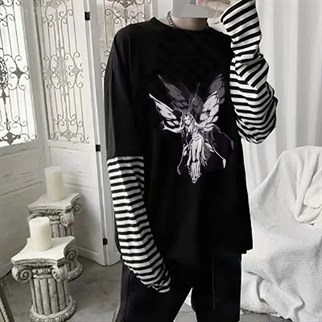 Gothic Harajuku Fairy Girl Siyah Oversize Unisex Uzun Kollu T-shirt