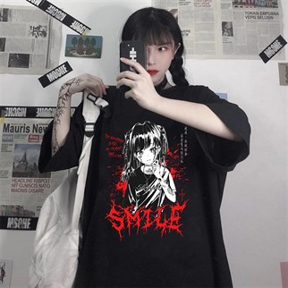 Gothic Punk Smile Siyah Oversize T-Shirt