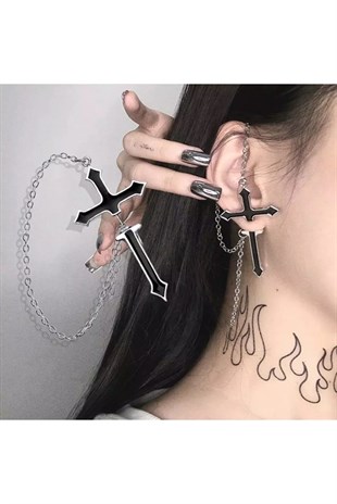 Gothic Punk Zincirli Haç Küpe