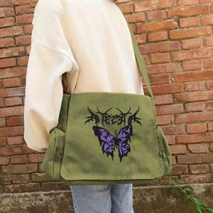 Gothic Purple Butterfly Baskılı Unisex Yeşil Postacı Çantası