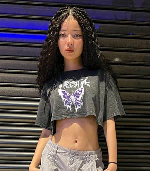 Gothic Purple Butterfly Baskılı Vintage Yıkamalı Oversize Crop