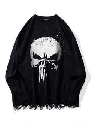 Gothic Skeleton Punisher Siyah Unisex Oversize Kazak