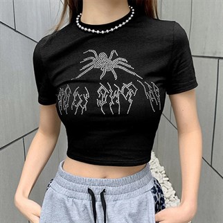 Gothic Taş İşleme Stone Spider Siyah Crop