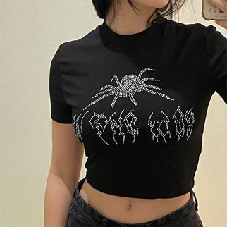 Gothic Taş İşleme Stone Spider Siyah Crop