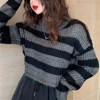 Gri Siyah Çizgili Streetwear Crop Kazak