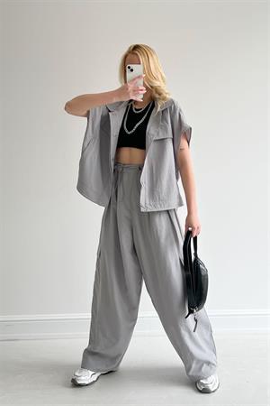 Gri Tactical Wide Leg Cargo Pocket Unisex Pantolon