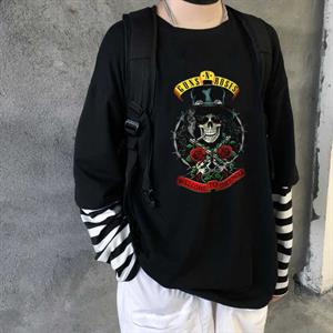 Guns N Roses Skull Baskılı Fake Sleeves Unisex Siyah T-shirt