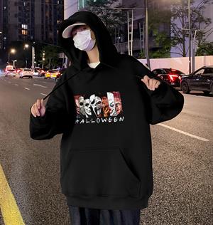 Halloween Bad Characters Baskılı Siyah Unisex Oversize Kapüşonlu Sweatshirt
