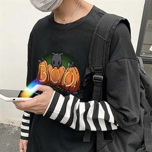 Halloween Boo Cat Baskılı Fake Sleeves Unisex Siyah T-shirt