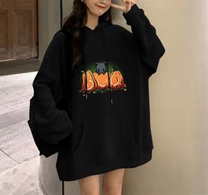 Halloween Boo Cat Baskılı Siyah Unisex Oversize Kapüşonlu Sweatshirt