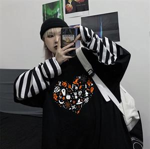 Halloween Heart Baskılı Fake Sleeves Unisex Siyah T-shirt
