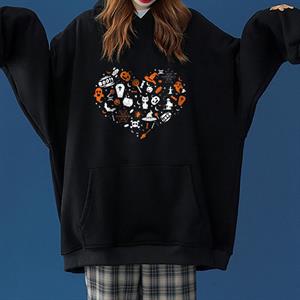 Halloween Heart Baskılı Siyah Unisex Oversize Kapüşonlu Sweatshirt