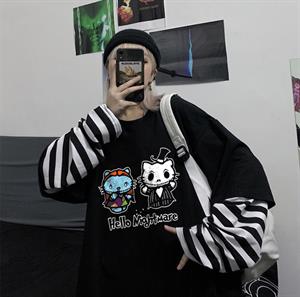 Halloween Hello Nightmare Baskılı Fake Sleeves Unisex Siyah T-shirt