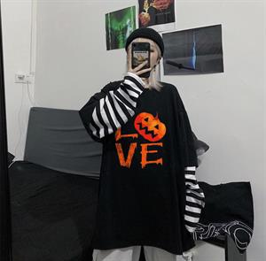 Halloween Love Baskılı Fake Sleeves Unisex Siyah T-shirt