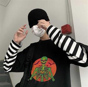 Halloween Skeleton Baskılı Fake Sleeves Unisex Siyah T-shirt