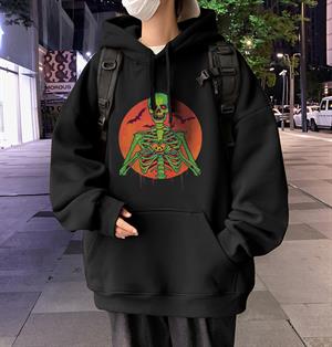 Halloween Skeleton Baskılı Siyah Unisex Oversize Kapüşonlu Sweatshirt