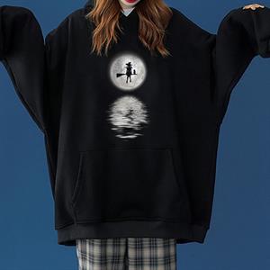 Halloween Witch On The Moon Baskılı Siyah Unisex Oversize Kapüşonlu Sweatshirt
