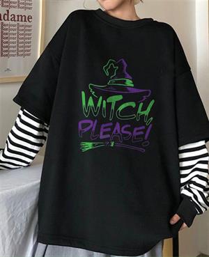 Halloween Witch Please Baskılı Fake Sleeves Unisex Siyah T-shirt