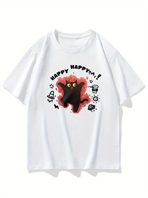 Happy Cat Baskılı Beyaz T-shirt