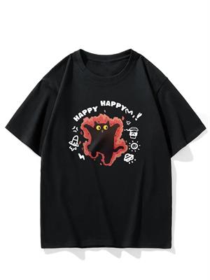 Happy Cat Baskılı Siyah T-shirt
