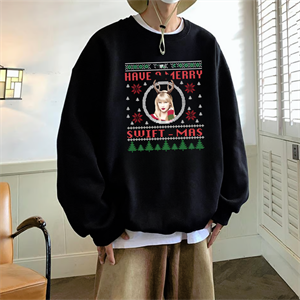 Happy Christmas Baskılı Siyah Unisex Oversize Bisiklet Yaka Sweatshirt