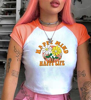 Happy Mind Baskılı Reglan Kol Beyaz Crop