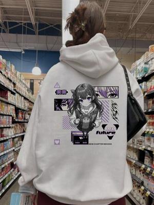 Harajuku Anime Girl Baskılı Beyaz Kapşonlu Sweatshirt 