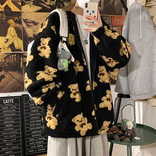 Harajuku Bear Unisex Peluş Normal Kalıp Fermuarlı Hırka