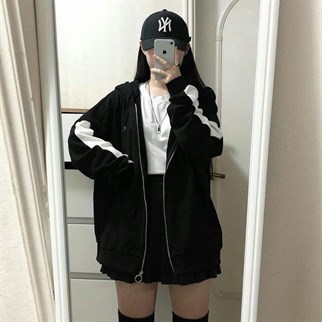 Harajuku Beyaz Şeritli Siyah Fermuarlı Unisex Hırka