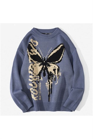 Harajuku Butterfly Mavi Unisex Oversize Kazak